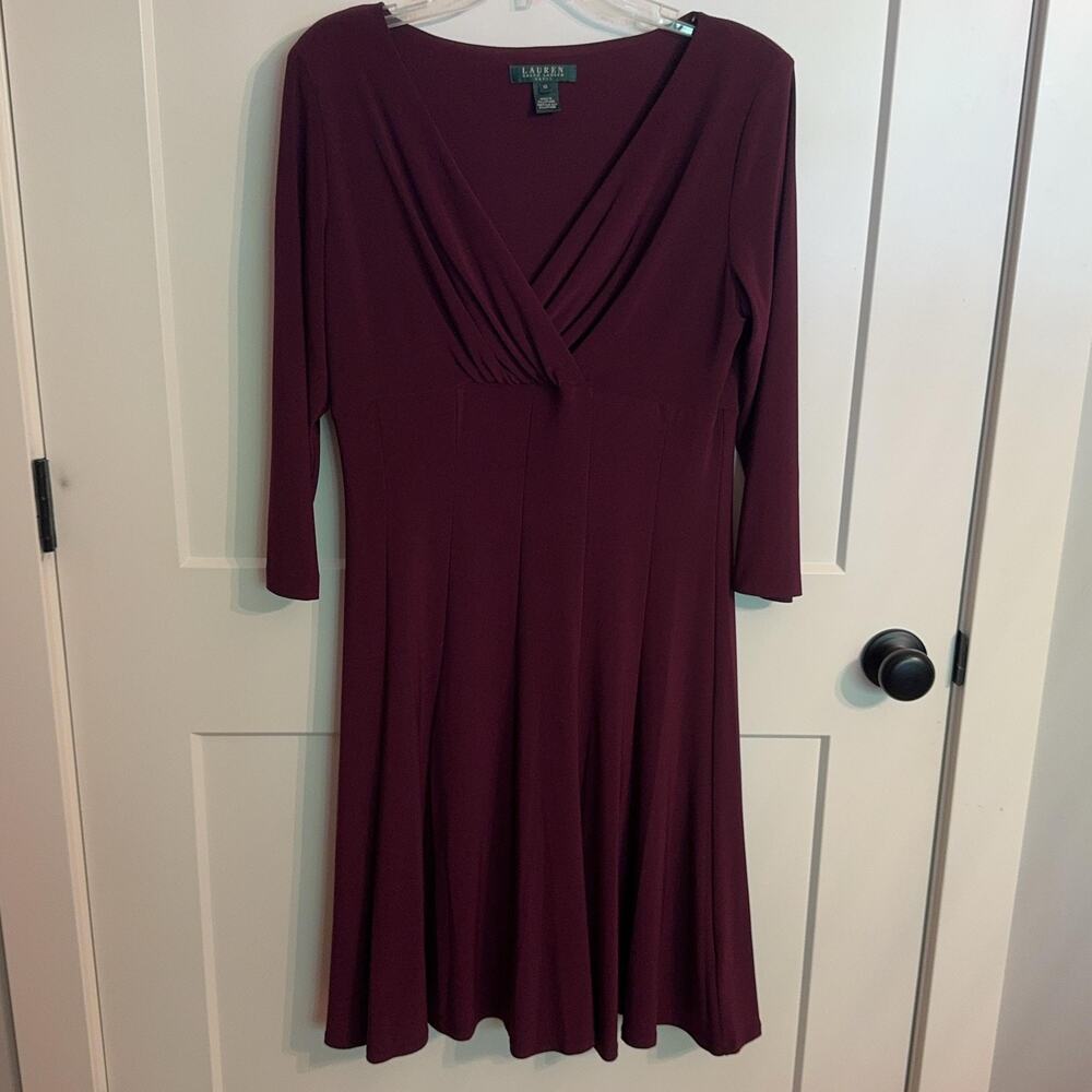 Lauren Ralph Lauren Dress 12 Purple Jersey V Neck Faux Wrap Knee Length Party